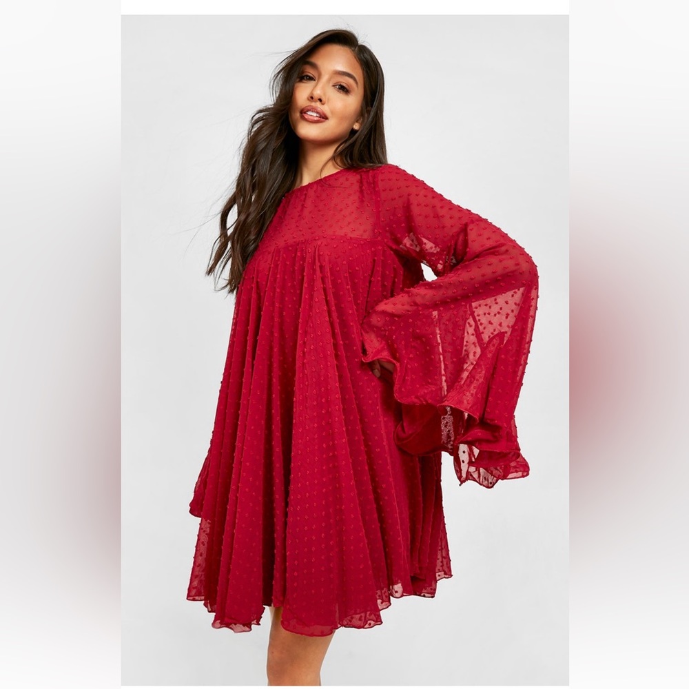 Mesh pleated detail smock dress -Berry